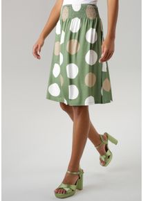 Sommerrock Aniston SELECTED, Damen, Gr. 40, gr&uuml;n (olivgr&uuml;n, wei&szlig;, hellbraun), Single Jersey, Obermaterial: 95% Viskose, 5% Elasthan, gepunktet, figurumspielend knielang, R&ouml;cke Sommerrock, mit gesmoktem Bund und Punkte-Druck, Topseller