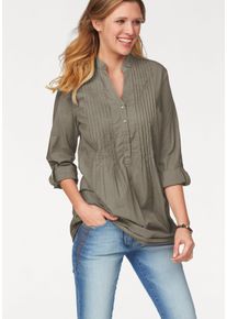 Longbluse Aniston CASUAL, Damen, Gr. 40, gr&uuml;n (helloliv), Web, Obermaterial: 100% Baumwolle, unifarben, figurumspielend ca. Mitte Oberschenkel, Rundhals, 1-Knopf-Manschette krempelbar, Blusen Longbluse, mit dekorativer Biesenverarbeitung, Topseller