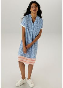 Blusenkleid Aniston SELECTED, Damen, Gr. 42, N-Gr, blau (heillblau, wei&szlig;, orange), Web, Obermaterial: 100% Viskose, bedruckt, gemustert, figurumspielend kniebedeckend, V-Ausschnitt, angesetztes B&uuml;ndchen, Kleider Blusenkleid, mit farbharmonischen Ornamenten-Musterung