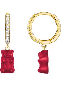 Single-Creole Thomas Sabo "Thomas Sabo x HARIBO Schmuck: Einzel-Creole mit Goldb&auml;r", rot (gelbgoldfarben, rot, kristallwei&szlig;, rot, kristallwei&szlig;), Ohrringe, Damen, Silber 925 (recycelt), Single-Creole, mit Kristallglas, Zirkonia (synth.)