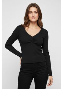 Langarmshirt Only "ONLBETTY LIFE L/S SCALLOP V-NECK CC JRS", Damen, Gr. M, schwarz, Jersey, Obermaterial: 95% Baumwolle, 5% Elasthan, unifarben, h&uuml;ftlang, V-Ausschnitt, Shirts Langarmshirt, mit Raffung am Ausschnitt