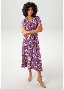 Sommerkleid Aniston CASUAL, Damen, Gr. 48, N-Gr, lila (lila, wollwei&szlig;, braun), Single Jersey, Obermaterial: 95% Viskose, 5% Elasthan, bedruckt, gebl&uuml;mt, figurumspielend wadenlang, V-Ausschnitt, Kleider Sommerkleid, mit gro&szlig;fl&auml;chigem Blumendruck