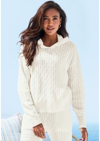 Kapuzenpullover French Connection, Damen, Gr. 48/50, creme, Strick, Obermaterial: 33% Nylon, 32% Polyacryl, 30% Baumwolle, 5% Elasthan, Zopfmuster, h&uuml;ftlang, Rundhals, Rippstrickb&uuml;ndchen, Pullover Kapuzenpullover, mit Zopfmuster und Rippb&uuml;ndchen, Loungewear