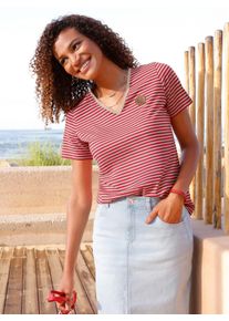 V-Shirt Casual Looks "Ringelshirt", Damen, Gr. 48, erdbeere, sand, geringelt, 100% Baumwolle, gemustert, gestreift, mehrfarbig, V-Ausschnitt, Shirts V-Shirt