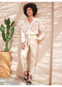 Langarmbluse Heine, Damen, Gr. 46, beige (champagner), 100% Polyester, unifarben, V-Ausschnitt, Blusen Langarmbluse