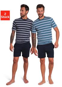 Pyjama AUTHENTIC LE JOGGER, Damen, Gr. 44/46 (S), blau (navy, petrol), Jersey, Obermaterial: 100% Baumwolle, gestreift, unifarben, Basic, bequem kurz, Rundhals, abgesteppte Kante, Homewear-Sets Pyjama, Schlafanzug mit gestreiften Oberteilen