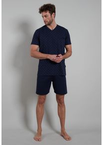Shorty Bugatti "Modena", Herren, Gr. 58, blau (blau, dunkel, allover), Single Jersey, Obermaterial: 60% Baumwolle, 40% Polyester, gemustert, unifarben, Basic kurz, V-Ausschnitt, Homewear-Sets Shorty, V-Ausschnitt, Kurzarm, kurze Hose, bequem, Baumwollmix, weich, bequem
