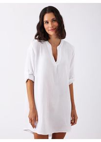 Schlupfbluse Zwillingsherz "Rom", Damen, wei&szlig;, Web, Obermaterial: 100% Baumwolle, unifarben, ca. Mitte Oberschenkel, tiefer V-Ausschnitt, Krempel&auml;rmel 1-Knopf-Manschette, Blusen Schlupfbluse, verl&auml;ngerte R&uuml;ckenpartie, V-Neck, Turn-Up &Auml;rmel, Musselin