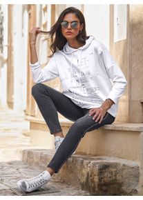 Langarmshirt Heine "Kapuzen-Shirt", Damen, Gr. 48, wei&szlig;, 95% Viskose, 5% Elasthan, Vorderteil:10% Elasthan, 90% Polyester, bedruckt, gemustert, mehrfarbig, Rundhals, Shirts Langarmshirt