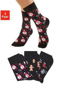 H.I.S. Basicsocken H.I.S, Damen, Gr. 39-42, 3x schwarz gemustert, Baumwollmischung, gemustert, elastisch, Socken Basicsocken, mit lustigen Weihnachtsmotiven