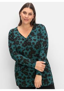 Langarmshirt sheego "Langarmshirt", Damen, Gr. 54, gr&uuml;n (tiefgr&uuml;n, gemustert), 95% Viskose, 5% Elasthan, gebl&uuml;mt, gemustert, V-Ausschnitt, Shirts Langarmshirt