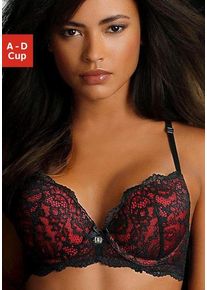 Push-up-BH JETTE, Damen, Gr. 70, Cup A, schwarz (schwarz, rot), Spitze, Obermaterial: 90% Polyamid, 10% Elasthan, BHs Push-up-BH, mit raffinierten Tr&auml;gern in B&auml;nder-Optik, sexy Dessous