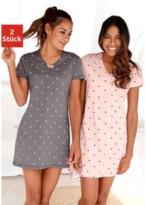 Nachthemd Vivance Dreams, Damen, Gr. 44/46, N-Gr, rosa (ros&eacute;, mauve), Single Jersey, Obermaterial: 100% Baumwolle, unifarben, figurumspielend kurz, V-Ausschnitt, eingesetzt H&auml;kelkante, Kleider Nachthemd, mit Herzchenprint, Topseller