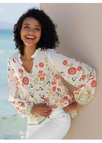 Langarmbluse Heine, Damen, Gr. 44, champagner, schilf, bedruckt, 100% Baumwolle, bedruckt, gebl&uuml;mt, gemustert, mehrfarbig, Rundhals, Blusen Langarmbluse