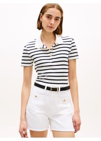 Poloshirt Tommy Hilfiger "GOLD BUTTON SLIM SS POLO", Damen, Gr. XL (46), breton stp ecru, schwarz night navy, Single Jersey, Obermaterial: 100% Baumwolle, gestreift, slim fit, Shirts Poloshirt