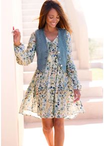 Tunikakleid Buffalo, Damen, Gr. 34, N-Gr, blau (creme, blau bedruckt), Web, Obermaterial: 100% Viskose, bedruckt, gebl&uuml;mt, figurumspielend kniefrei, V-Ausschnitt, mit Gummizug, Kleider Tunikakleid, aus leichter Viskose-Webware mit Blumendruck, Topseller