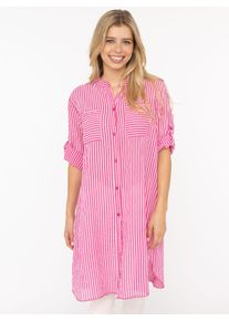 Longbluse Zwillingsherz "Kida", Damen, pink, Web, Obermaterial: 100% Baumwolle, comfort fit lang, V-Ausschnitt, Krempel&auml;rmel 1-Knopf-Manschette, Blusen Longbluse, One Size, Streifen, Knopfleiste, Brusttaschen, 3/4-Arm