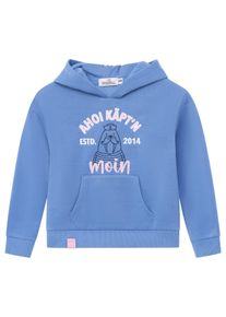 Hoodie Zwillingsherz "Ahoi K&auml;pt&acute;n", M&auml;dchen, Gr. 134/140, mittelblau, Obermaterial: 80% Polyester, 20% Baumwolle, Sweatshirts Hoodie, Mini-Me,mit s&uuml;&szlig;em Seehund mit Kapit&auml;nsm&uuml;tze und Schriftzug