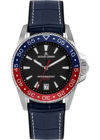 Quarzuhr Jacques Lemans "Liverpool Diver", schwarz (blau, schwarz), Armbanduhren, Damen, Quarzuhr, Armbanduhr, Herrenuhr, Lederarmband, analog, Tag