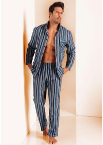 H.I.S. Pyjama H.I.S, Herren, Gr. 44/46, blau (marine, braun), Flanell, Obermaterial: 100% Baumwolle, gestreift, bequem lang, V-Ausschnitt, abgesteppte Kante, Homewear-Sets Pyjama, weich aus Flanell im Streifendesign, Topseller