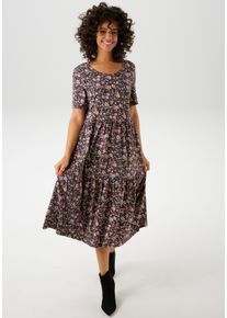 Sommerkleid Aniston CASUAL, Damen, Gr. 46, N-Gr, rot (marine, maismoosgr&uuml;n, wei&szlig;, rosa, pink, blau, bordeaux, braun), Single Jersey, Obermaterial: 95% Baumwolle, 5% Elasthan, bedruckt, gebl&uuml;mt, figurumspielend wadenlang, Rundhals, Kleider Sommerkleid, mit farbenfrohen Blumendruck, Topseller