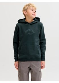Jack & Jones Kapuzensweatshirt JACK & JONES JUNIOR "JORBLEECKER BRANDING SWEAT HOOD BF JNR", Jungen, Gr. 140, forest river detail:org, angeraute Sweatware, Obermaterial: 70% Baumwolle, 30% Polyester, bedruckt, unifarben, loose fit h&uuml;ftbedeckend, Rundhals, Rippb&uuml;ndchen, Sweatshirts Kapuzensweatshirt