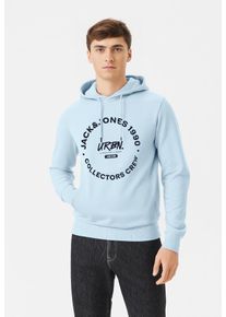 Jack & Jones Kapuzensweatshirt JACK & JONES "JJSIMON SWEAT HOOD", Herren, Gr. S, blau (chambray blau), angeraute Sweatware, Obermaterial: 60% Baumwolle, 40% Polyester, bedruckt, normal, Rundhals, Rippb&uuml;ndchen, Sweatshirts Kapuzensweatshirt