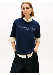 Langarmshirt Tommy Hilfiger "CORP LOGO TRAPEZE C-NK TEE", Damen, Gr. XL (42), schwarz night navy, Single Jersey, Obermaterial: 100% Baumwolle, bedruckt, regular fit, Rundhals, Shirts Langarmshirt