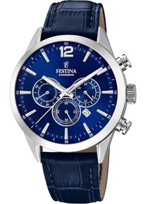 Chronograph Festina "Timeless Chronograph", blau (dunkelblau, blau, silberfarben), Armbanduhren, Herren, Chronograph, Armbanduhr, Quarzuhr, Herrenuhr, Stoppfunktion, Lederarmband