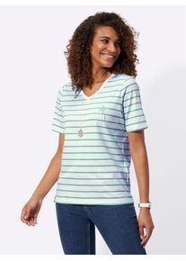 T-Shirt Casual Looks "Shirt", Damen, Gr. 54, gr&uuml;n (salbei, ecru, geringelt), 100% Baumwolle, gemustert, gestreift, mehrfarbig, V-Ausschnitt, Shirts T-Shirt