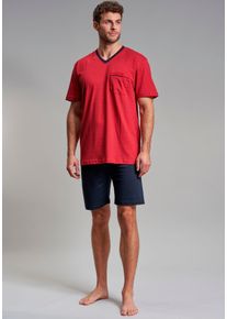 G&ouml;tzburg Shorty G&Ouml;TZBURG "Manhattan", Herren, Gr. 50 (M), rot (chili pepper), Single Jersey, Obermaterial: 100% Baumwolle, bedruckt, gemustert, bequem kniefrei, V-Ausschnitt, Homewear-Sets Shorty, Kurzarm, V-Ausschnitt, kurze Hose, Baumwolle, weich