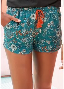 Schlafshorts Lascana, Damen, Gr. 44/46, N-Gr, blau (rauchblau), Single Jersey, Obermaterial: 60% Polyester, 36% Viskose, 4% Elasthan, gebl&uuml;mt, bequem kurz, Hosen Schlafshorts, im Blumen Allover-Druck