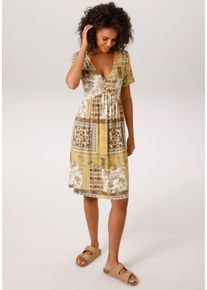 Sommerkleid Aniston CASUAL, Damen, Gr. 46, N-Gr, wollwei&szlig;, sonnengelb, salbei, braun, taupe, Single Jersey, Obermaterial: 95% Viskose, 5% Elasthan, Paisley, bedruckt, gebl&uuml;mt, figurumspielend kniefrei, V-Ausschnitt, Kleider Sommerkleid, im fantasievollen Patch-Dessin- jedes Teil ein Unikat- NEUE KOLLEKTION, Topseller