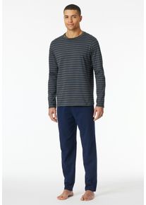 Schlafanzug Schiesser "Casual Essentials", Herren, Gr. 54, schwarz (203, anthrazit), Single Jersey, Obermaterial: 100% Baumwolle, gestreift, unifarben, bequem lang, Rundhals, Homewear-Sets Schlafanzug, mit Streifen