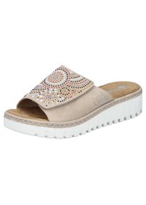 Pantolette Rieker, Damen, Gr. 41, beige (hellbeige), Lederimitat, kontrastfarbene Details, Schuhe Pantolette, Sommerschuh, Strandschuh, Hausschuh mit regulierbarem Klettverschluss