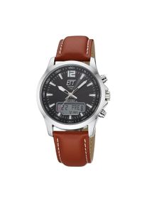Funkchronograph ETT "Professional World Timer", braun, schwarz, Armbanduhren, Damen, Funkchronograph, Armbanduhr, Solar, Herrenuhr, Lederarmband, analog, digital, Tag