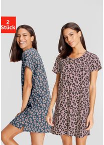 Sleepshirt Vivance Dreams, Damen, Gr. 32/34, N-Gr, blau (mauve, dunkles anthrazitblau gemustert), Single Jersey, Obermaterial: 100% Baumwolle, Basic, bequem kurz, Rundhals, abgesteppt, Kleider Sleepshirt, mit Leo-Muster