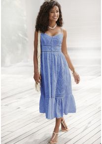 Midikleid Buffalo, Damen, Gr. 36, N-Gr, blau (rauchblau), Web, Obermaterial: 100% Baumwolle. Futter: 100% Baumwolle, unifarben, figurbetont ca. Mitte Wade, V-Ausschnitt, Kleider Midikleid, mit hochwertiger Lochstickerei, luftiges Sommerkleid aus Baumwolle, Topseller