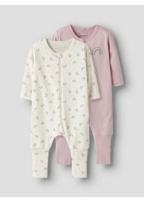 Schlafanzug name it "NBFNIGHTSUIT 2P ZIP FF JET RAINBOW NOOS", M&auml;dchen, Gr. 68, lila (jet stream pack:w, burnished lila), Jersey, Obermaterial: 100% Baumwolle, bedruckt, regular fit normal, Rundhals, eingefasste Kante, Homewear-Sets Schlafanzug