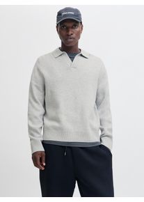 Jack & Jones Strickpullover JACK & JONES "JCOCOVER KNIT SPLIT NECK POLO", Herren, Gr. L, grau (light grau melange), Strick, Obermaterial: 60% Polyester, 40% Baumwolle, meliert, relaxed fit normal, Pullover Strickpullover