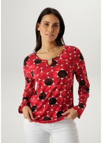 Langarmshirt Aniston SELECTED, Damen, Gr. 40, rot, rost, natur, schoko, Single Jersey, Obermaterial: 95% Viskose, 5% Elasthan, bedruckt, gemustert, figurumspielend h&uuml;ftbedeckend, Rundhals, elastischer Bund mit Gummizug, Shirts Langarmshirt, mit Cut-out und gro&szlig;fl&auml;chigen Kreis-Druck - NEUE KOLLEKTION, Topseller