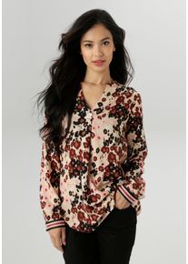 Schlupfbluse Aniston SELECTED, Damen, Gr. 42, rot (beige, rose, bordeaux, offwite), Web, Obermaterial: 100% Viskose, bedruckt, gebl&uuml;mt, l&auml;ssig geschnitten Po-bedeckend, V-Ausschnitt, 1-Knopf-Manschette, Blusen Schlupfbluse, Mit farbenfroher, farbharmonischer Bl&uuml;tenmusterung