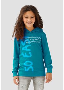 Kapuzenshirt Kidsworld "SO EASY - Print", M&auml;dchen, Gr. 164/170, blau (petrol), Interlock, Obermaterial: 100% Baumwolle, bedruckt, Basic Po-bedeckend, B&uuml;ndchen, Shirts Kapuzenshirt, Langarm, Basic-Passform, mit modischen Drucken