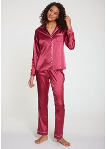 Pyjama s.Oliver, Damen, Gr. 46, lila (beere), Satin, Obermaterial: 95% Polyester, 5% Elasthan, unifarben, bequem lang, V-Ausschnitt, eingesetzt Manschette, Homewear-Sets Pyjama, incl. Schlafmaske
