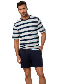 H.I.S. Pyjama H.I.S, Herren, Gr. 44/46 (S), bunt (navy, beige, navy, hellblau, gestreift), Jersey, Obermaterial: 100% Baumwolle, gestreift, Basic, bequem kurz, Rundhals, abgesteppte Kante, Homewear-Sets Pyjama, Schlafanzug in sch&ouml;ner Streifenoptik, Topseller