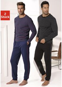 Pyjama AUTHENTIC LE JOGGER, Herren, Gr. 44/46 (S), bunt (schwarz, blau), Jersey, Obermaterial: 100% Baumwolle, gestreift, Basic, bequem lang, Rundhals, abgesteppte Kante, Homewear-Sets Pyjama, Schlafanzug in langer Form mit garngef&auml;rbten Streifen, Topseller