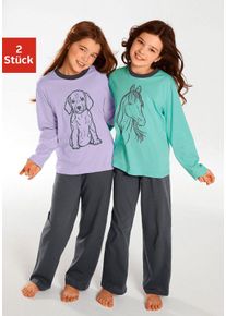 Pyjama Vivance, M&auml;dchen, Gr. 98/104, bunt (flieder, mint), Jersey, Obermaterial: 100% Baumwolle, bedruckt, unifarben, Basic, l&auml;ssig geschnitten lang, Rundhals, abgesteppte Kante, Homewear-Sets Pyjama, Oberteile in sch&ouml;nen Farben mit Tierdruck