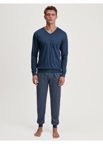 Schlafanzug Calida "Relax Streamline 1", Herren, Gr. S (46/48), blau (glacier lake), Interlock, Obermaterial: 100% Baumwolle, bequem lang, V-Ausschnitt, angesetztes B&uuml;ndchen, Homewear-Sets Schlafanzug, atmungsaktiv, weich, V-Ausschnitt, Brusttasche