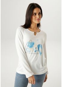Langarmshirt Aniston SELECTED, Damen, Gr. 42, wei&szlig; (wollwei&szlig;, hellblau, silber, blau, schwarz, sand, glitzer), Single Jersey, Obermaterial: 95% Viskose, 5% Elasthan, Glitzermuster, bedruckt, figurumspielend h&uuml;ftbedeckend, Rundhals, elastischer Bund mit Gummizug, Shirts Langarmshirt, mit Cut-out und modischen Frontprint mit Glitzer - NEUE KOLLEKTION
