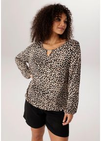 Langarmshirt ANISTON PLUS, Damen, Gr. 48, bunt (schwarz, beige, braun), Single Jersey, Obermaterial: 95% Viskose, 5% Elasthan, figurumspielend Po-bedeckend, Rundhals, mit Gummizug, Shirts Langarmshirt, In trendigem Leoprint - NEUE KOLLEKTION
